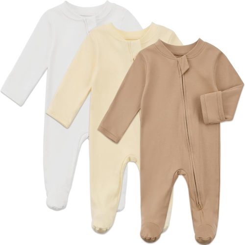 Aablexema Baby Organic Cotton Pajamas 2 Way Zipper Preemie Newborn One Piece Outfit Long Sleeve Footed Sleepwear(White/Light Yellow/Khaki,0-3m)