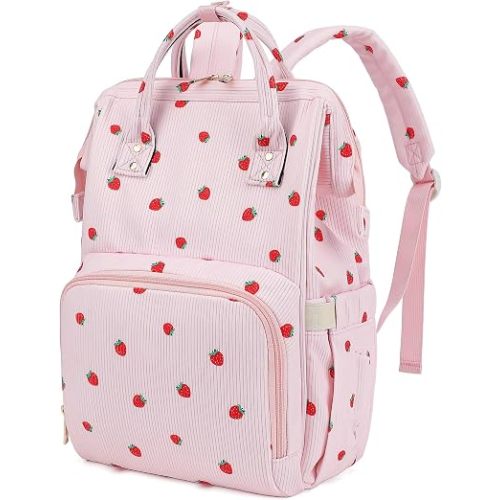 Baby Diaper Bag Backpack for Mom, Large Capacity Travel Nappy Bag for Boys & Girls with Stroller Straps (Corduroy Strawberry)