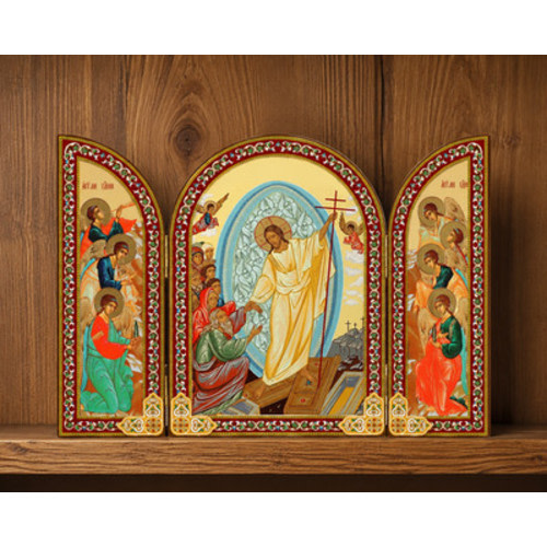 Resurrection of Christ with Angels Orthodox Icon Mounted On Wooden Triptych
