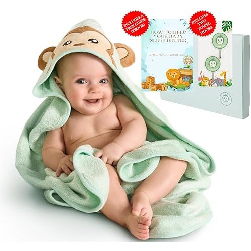 Bamboo Baby Towels with Hood – Mint Green 35x35” | Ultra-Soft Rayon from Bamboo & Cotton Bath Wrap | Adorable Monkey Hood for Newborns, Infants & Toddlers for Boys & Girls