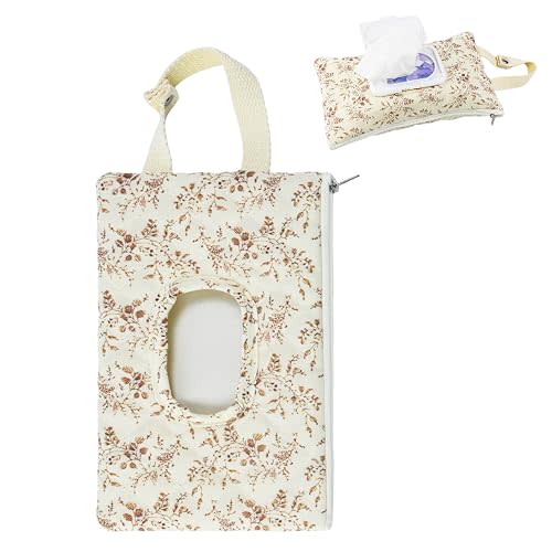 Quilted Baby Wipe Holder Floral Diaper Pouch Portable Quilted Wipes Bag for Car, Stroller (Beige Pattern)