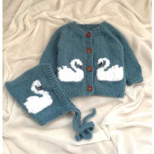 Swan Embroidered Baby Sweater Set, Hand-Knitted Bonnet & Cardigan