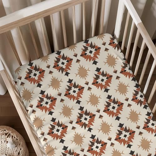 Native American Geometric Pattern Baby Sheets for Crib, Unisex Western Tribal Nursery Fitted Bed Sheet for Boys Girls Standard Crib and Toddler Mattress-28x52