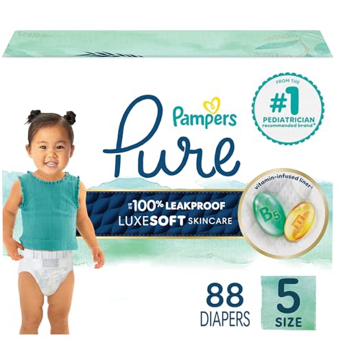 Pampers Pure Baby Diapers, Size 5 (27+ lbs), 88, Up to 100% Leakproof, Premium Hypoallergenic Soft Diapers