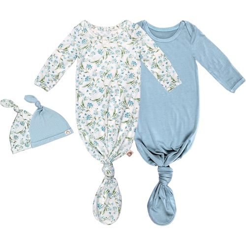 2-Pack Knotted Baby Gowns & Caps - Hospital Outfit Sleep for Girls & Boys, Easy Tie Sleeper Gowns