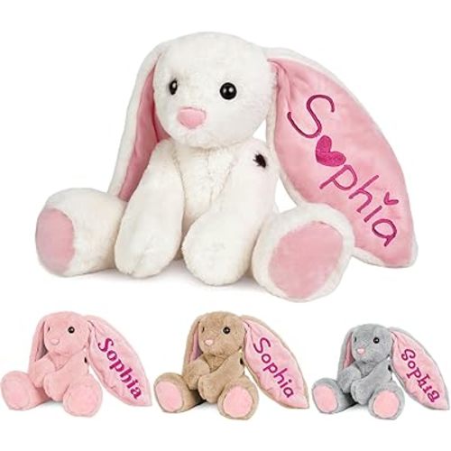 BeneCharm Personalized Bunny Plush Stuffed Animal with Embroideried Name Custom Toddler Stuffed Rabbit Doll Kids Bunnys Plush Toys Personalized Baby Girls Boys Newborn Gifts (Bunny)