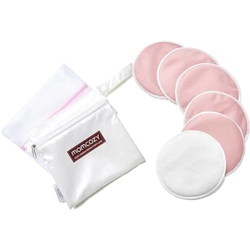 Momcozy Reusable Breast Pads, Innovative Use of Absorbent Fabric & 3-layer Washable Nursing Pads, Ultra-thin Design, Invisible, Fast Absorption, Leak-poof, 6 Pack + Dry & Wet Separation Bag + Wash Bag