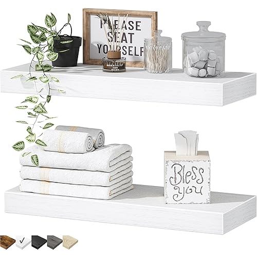 QEEIG Bathroom Floating Shelves for Wall - 15.7" Wall Mounted Shelf Over Toilet Farmhouse Home Decor Display Bookshelf Small 15.7 x 6.7 inch Set of 2, White (008-40W)