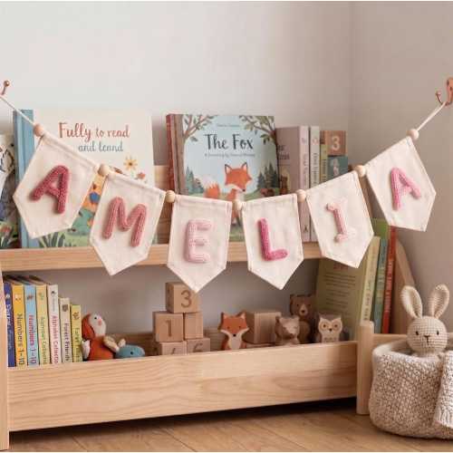 Personalized Nursery Name Banner, Custom Knitted Baby Name Bunting, Baby Shower Gift, Cute Newborn Decoration, Handmade Fabric Name Banner