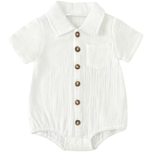 Baby Girl Boy Button Down Shirt Newborn Solid Color Short Sleeve Collared Romper Infant Summer Formal Bodysuit