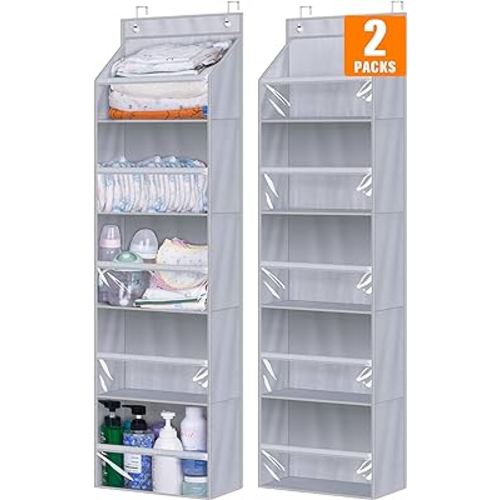 AOODA 2 Pack Over the Door Organizer, Large Capacity Closet Door Hanging Organizer, Clear Deep Pockets Baby Organizer Storage for Nursery, Bathroom, Bedroom, Pantry, Diapers (Grey)