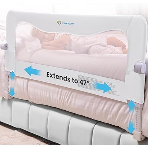 TotCraft MiniFlex Adjustable Length & Height Bed Rail for Toddlers – 35.5″ or 47″ Two Fixed Lengths,Fits Twin, Full & Queen Beds – 14 Height Levels – ASTM Certified Safety Guard Rail for Kids (White)