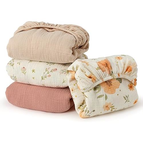 Muslin Crib Sheets, 52"x28" Fitted Crib Sheet for Baby Girl and Boy, 4 Pack Soft Cotton Cover for Standard Crib Baby Bed and Toddler Mattress (Floral, Pink and Brown)