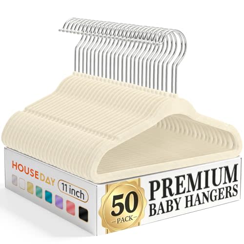 HOUSE DAY 11 Inch Velvet Baby Hangers 50 Pack Beige, Premium Kids Hangers for Children, Infant & Toddler Clothes, Durable Non Slip Small Baby Felt Hanger for Closet, Ideal for Everyday Use