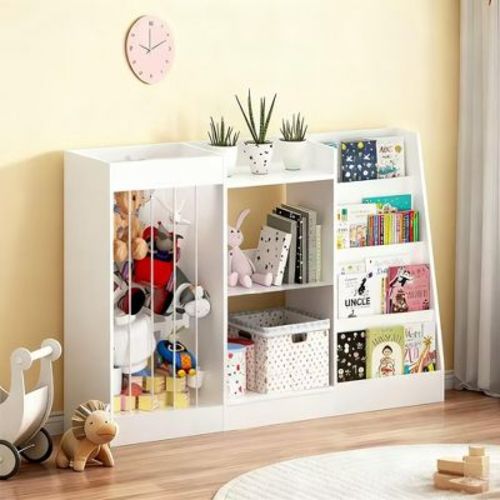 Kids Bookshelf and Toy Storage Organizer, Front-Facing 4-Tier Book Display with 3-Tier Toy Shelf and Stuffed Animal Storage, White