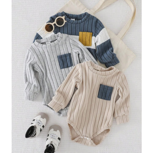 Playful Pals 3pcs Baby Boys' Colorblock Fleece Romper, Patchwork Crew Neck Long Sleeve Pocket Thermal Ribbed Bodysuit, Casual Outfit For Outdoor, Autumn/Winter Fall | SHEIN USA
