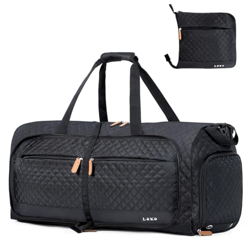Lekesky Foldable Travel Duffel Bag for Women, 80L Large Duffle Bag with Separate Shoes Compartments & Straps, Carry On Weekend Bag for Women, Hospital, Overnight(Black Quilted)