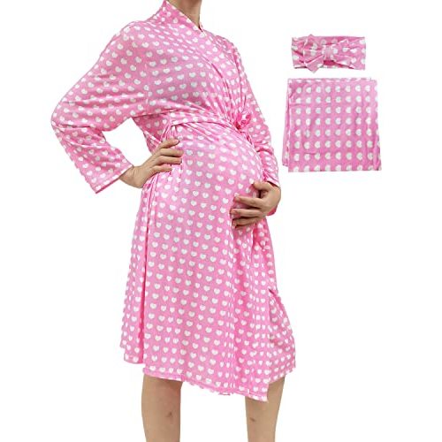SUFEINI Maternity Robe and Matching Baby Swaddle Blanket Set, Mommy Robe with Receiving Blanket Girls Boys Sleepwear