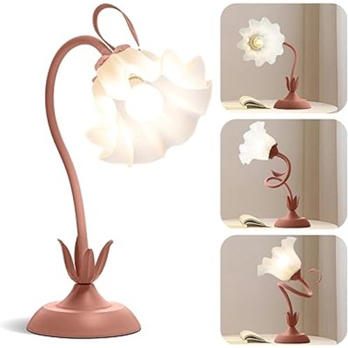 WERFOP Flower Table Lamp, LED Reading Light Vintage Bedside Table Lamp with 3 Color Modes for Nightstand, Kawaii Decoration for Home Bedroom Living Room (Pink)
