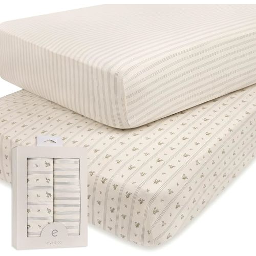 Ely's & Co. Crib Sheets, Baby Boy Fitted Crib Mattress Sheet Set, 2 Pack, 100% Jersey Knit Cotton, Infant and Toddler Nursery Bedding, 28” x 52” Blue Linear Berry Leaf Collection