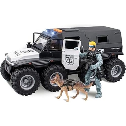 Police Car Toy - 8x8 Friction Powered with Light and Sounds, Openable Doors, Military Policeman & Dog - Big Wheel Truck, Police Cars for Kids Ages 3-5