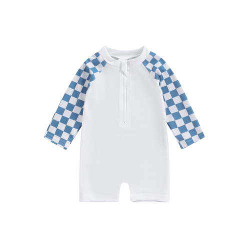 Hirigin Toddler Baby Boy Swimsuit Checkered One Piece Swimwear Long Sleeve Zipper Rash Guard Beach Bathing Suit