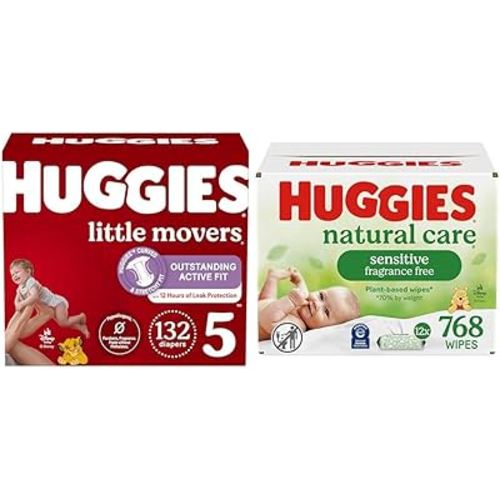 Little Movers Bundle: Huggies Little Movers Baby Diapers, Size 5 (27+ lbs), 132 Count & Huggies Natural Care Sensitive Baby Wipes, 768 Count (12 Packs of 64)