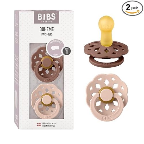BIBS Pacifiers - Boheme Collection | BPA-Free Baby Pacifier | Made in Denmark | Set of 2 Woodchuck/Blush Color Premium Soothers | Size 0-6 Months