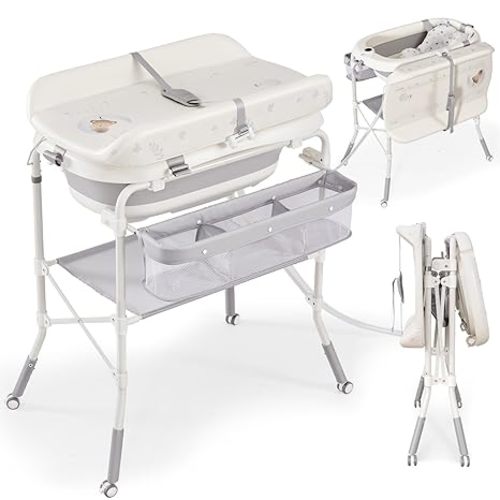 Baby Bathtub with Foldable Changing Table, Standing Infant Bath Tub for Newborn Toddler Shower, Portable Diaper Changing Station with Stand