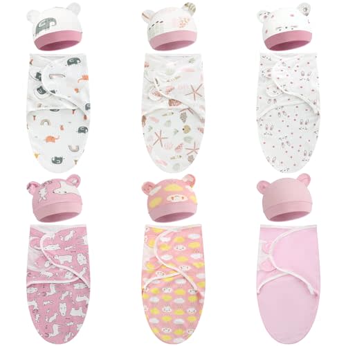 VitalCozy 6 Pack Preemie Swaddle Blanket Wrap with Hat Set Cotton Baby Swaddle Wrap Hat Set for Preemie Newborn Boys Girls (Pink Series,for 3-7 Lbs)