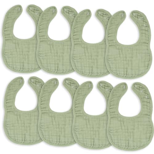 Comfy Cubs Muslin Bibs for Babies, Pack of 8 - Soft and Highly Absorbent, Feeding, Drool and Teething Bib, Adjustable Snaps - Stylish & Colorful Unisex Designs, Giftable Set - Sage