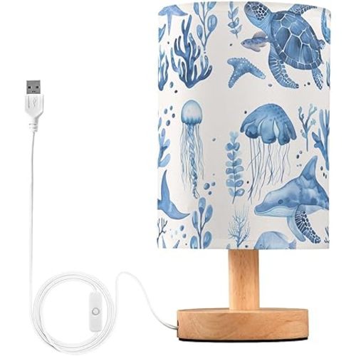 Bedside Table Lamp Whales Jellyfish Blue Ocean Table Lamp for Bedroom Nightstand Lamp with USB Port LED Desk Lamp Shade Living Room Dorm Office