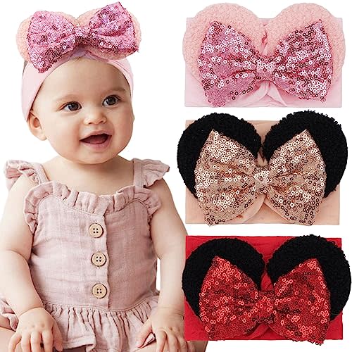 3PCS Baby Girl Mouse Ears Headbands with Sequin Bow, 4.5inches Wide Nylon Turban Hairband, Theme Park Headwear, Hair Bow Headband for Toddler, Kids, Party Supplies