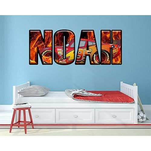 Cars Personalized Name Wall Decals for Kids Room - Custom Car Racing Wall Decor - Boys Race Car with Flames Wall Stickers - Supercar Bedroom Playroom Cars Art Vinyl Sticker