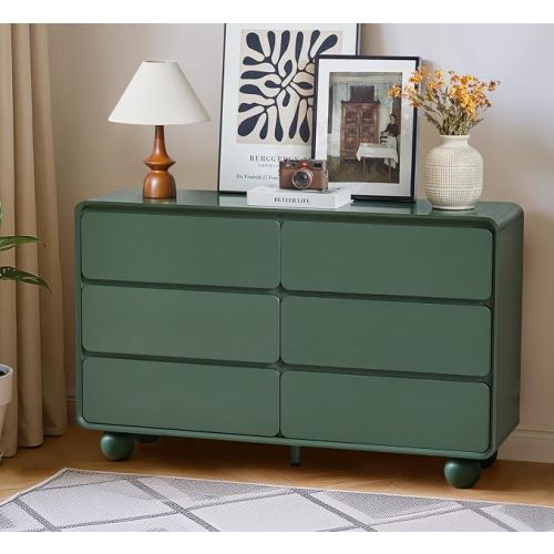 Modern 6 Drawer Green Dresser for Kids Bedroom, 48" Wide Wooden Dresser Chest of Drawers, Handle Free & Curved Profile Design, Mid Century Closet Clothes Storage Organizer for Living Room