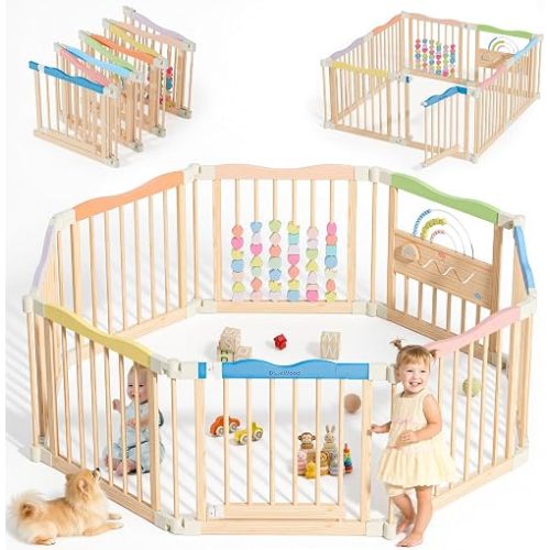 Foldable Wooden Playpen - Adjustable Wood Baby Play Yard with Child-Proof Lock, Indoor Large Safety Fence for Babies and Toddlers - Easy Assembly, 55 x 55 x 24 inches, Rainbow Dream, Colorful