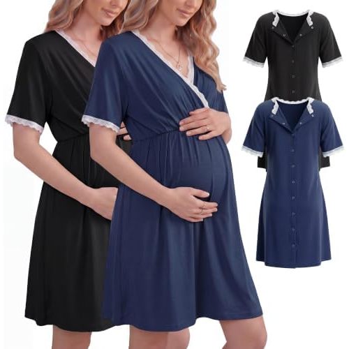 Cutecrop 2 Pack Labor and Delivery Gown for Hospital Maternity Nursing Button Back Gown Short Sleeve Breastfeeding Dress