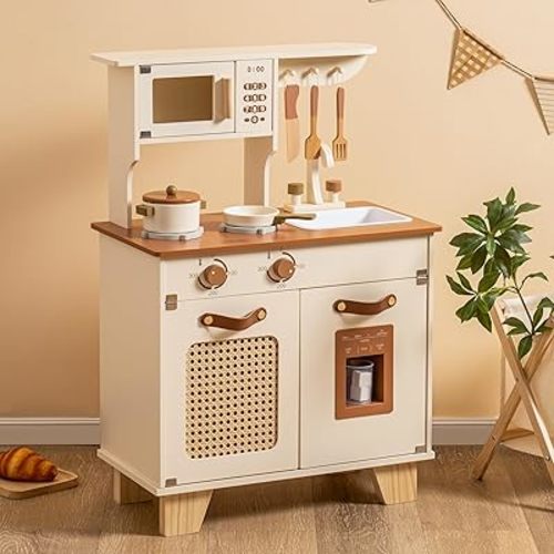 ROBOTIME Play Kitchen with Pretend Ice Cube Dispenser for Kids, Wooden Kids Kitchen Playset, Toy Kitchen Set for Toddler Age 3 4 5 6 (Mocha)