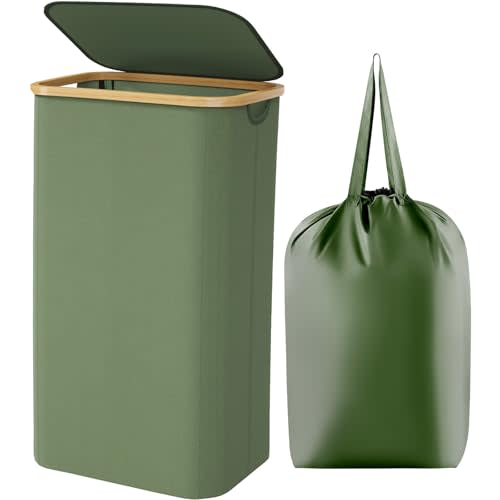 Lifewit 105L Large Laundry Basket with Lid, Removable Bags, Green | Foldable Laundry Hamper with Bamboo Handles, Tall Laundry Bin, Dirty Clothes Hamper for Laundry Room, Bedroom, Bathroom, Dorm