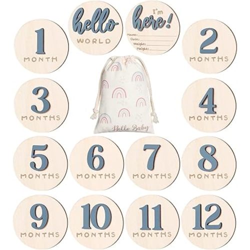 7 Pack 3D Baby Monthly Milestone Card Signs Baby Announcement Sign Double Sided Hello World Newborn Signs Wooden Circles Discs for Welcome Newborn Boy Girl Photo Props(Slate Blue,Number)