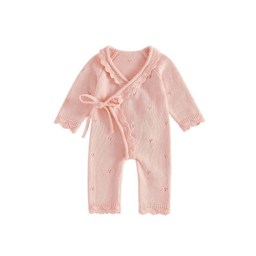Baby Front Tie Knit Romper Casual Stylish Solid Color Scallop Trim V Neck Long Sleeve Jumpsuit