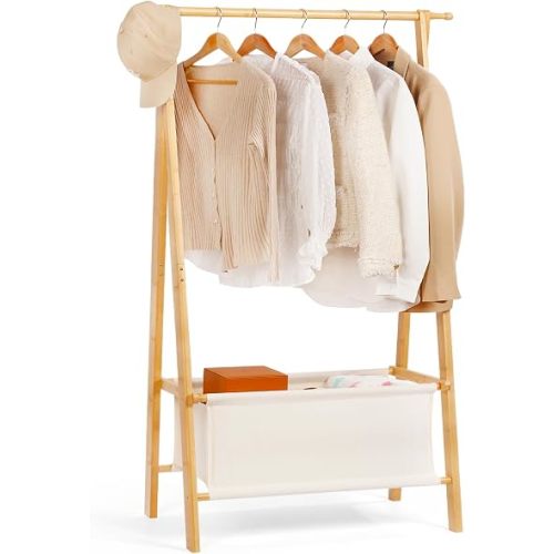 Bamboo Clothes Rack with Storage Box, Portable Extra Large Garment Rack Clothing Rack, Foldable Wardrobe For Entryway and Bed Room (M)