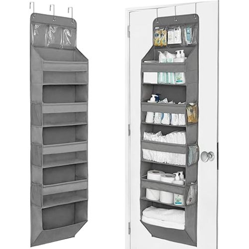 Over The Door Organizer Hanging with 5 Large & 6 Side Pockets 5 Tier Behind Door Storage 50 lbs for Closet, Nursery, Bathroom Door Organizer, 1 Pack, Grey