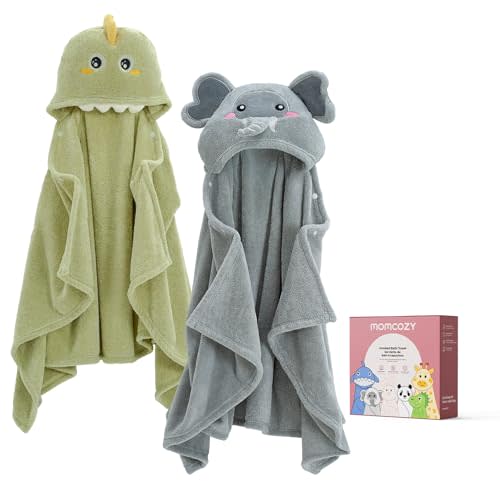 Momcozy Baby Bath Towels with Visualize Health Label - Ultra Soft & Absorbent Coral Fleece Hooded Towels for Newborn, Infant, Toddler (0-36 Months) Bath Essentials (Large Size,2 Pack)