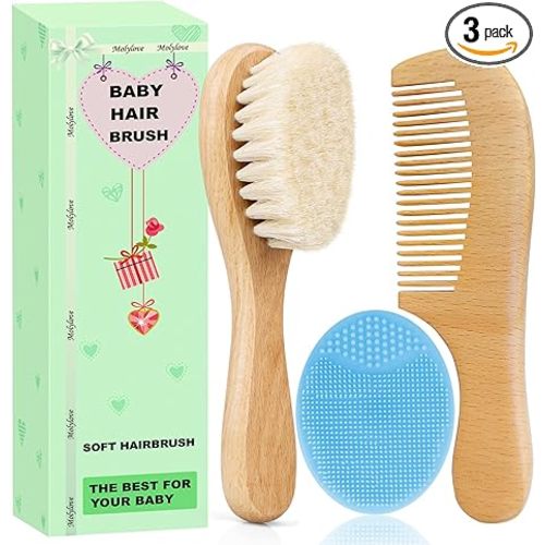 Baby Hair Brush with Wooden Handle and Comb Set for Newborns & Toddlers | Natural Soft Goat Bristles l Wood Comb l Blue Cradle Cap Brush| Ideal for Cradle Cap (3 Piece)