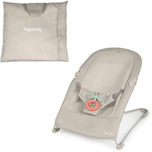 Ingenuity Stow & Go Compact Folding Baby Bouncer, Lightweight Portable Seat with Vibration, Grey, Under 5 lbs