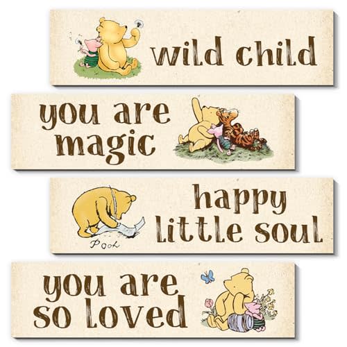 BirtDerr 4Pcs Winnie Wall Decor-Winnie Nursery Decorations, Pooh Bedroom Wall Decor-Adorable the Pooh Sign for Baby Room-Baby Shower Decorations(Classic)