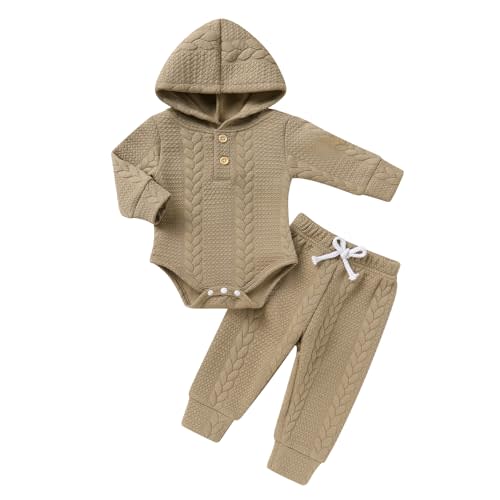 YOUNGER TREE Newborn Baby Boy Girl Clothes Hooded Long Sleeve Romper Pants Set Solid Ribbed Infant Fall Winter Outfits