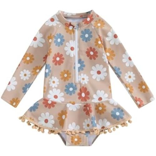 Yccutest Toddler Floral Bathing Suit Girls Long Sleeve Zipper Ruffle Tassel One Piece Swimsuit Kids Rash Guard Swimwear Beach
