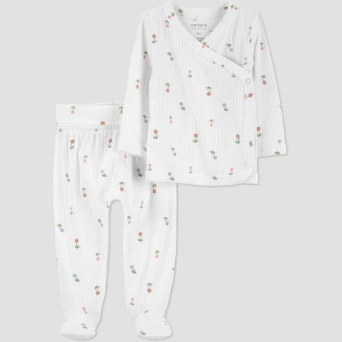 Carter's Just One You® Baby Girls' 2pc Ivory Floral Cardigan Set - Newborn: Cotton Elastane Blend, Side Snap, Footed Pant